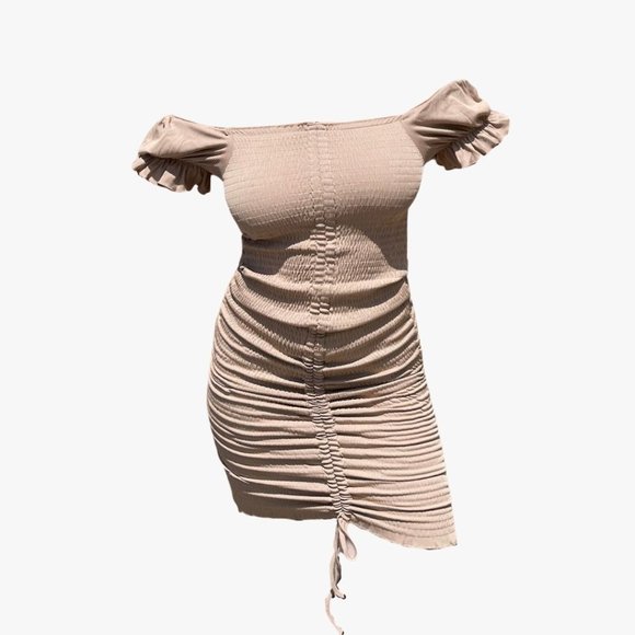 (NWT) Smocked Ruched Dress (Midi or Mini) - Khaki - Picture 2 of 6